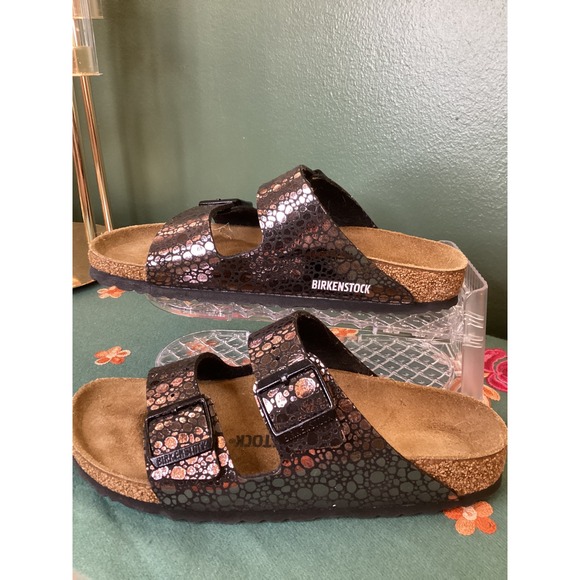 Birkenstock Arizona Metallic Gator Gleam Double Strap Cork Sandals Women Size 40 - Picture 3 of 5